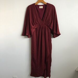 IF BY SEA WOMENS DRESS BATWING SHORT SLEEVES WINE MIDI SMALL